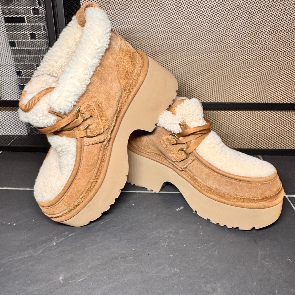 UGG Platform Classic New Heights Boots Womens Tan Suede Shearling Lined Size 9‎